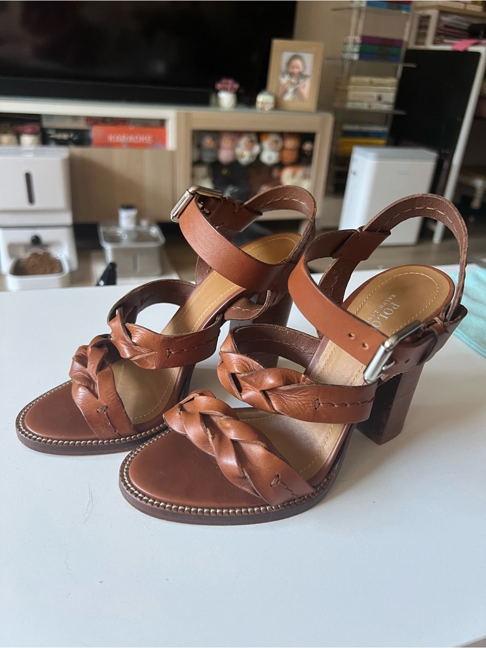 Polo by Ralph Lauren Brown Braided Leather Block Heel Sandals